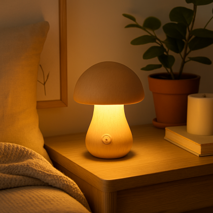 Wooden Mushroom Touch Night Light